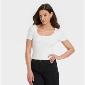 Universal Thread Ribbed Shrunken Short Sleeve Scoop Neck Tee FreshWhite size XL